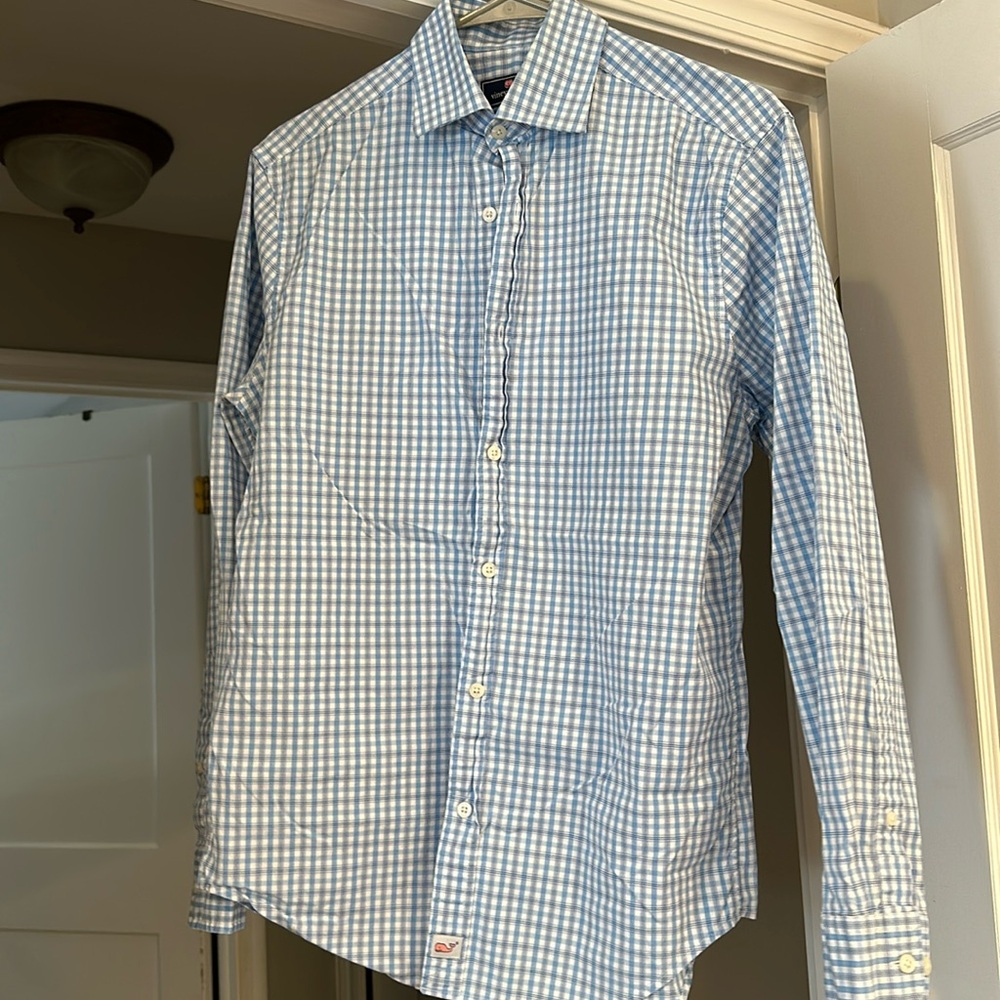 Vineyard vines adult small light blue check button down